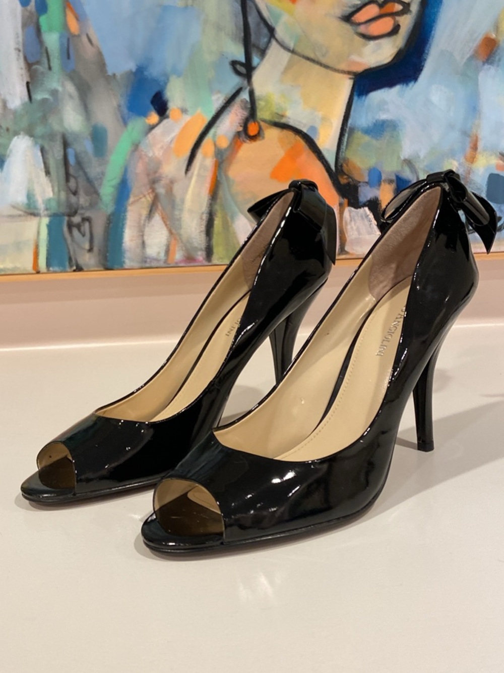 Enzo Angiolini Black Patent Peep-Toe Stiletto Pumps with Bow
